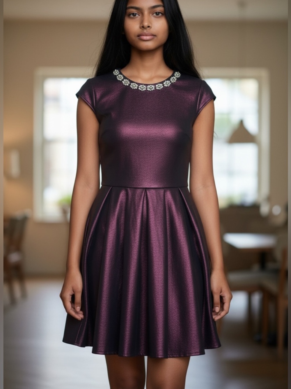 TED BAKER 0 US 2 Ayma Embellished Oxblood Metallic Fit & Flare Skater Dress Prom